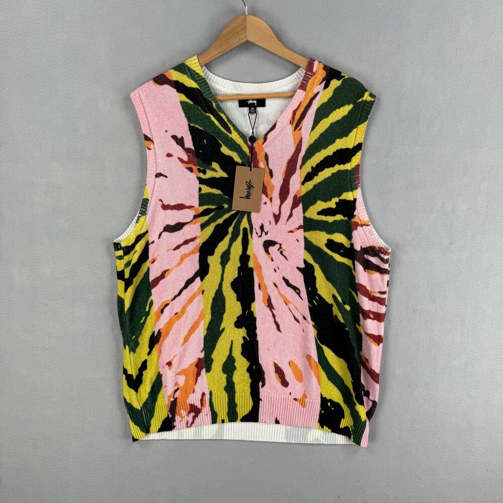 Stussy Sweater Vest Mens 2XL Pink Tie Dye Printed Graphic V Neck Knit Pullover